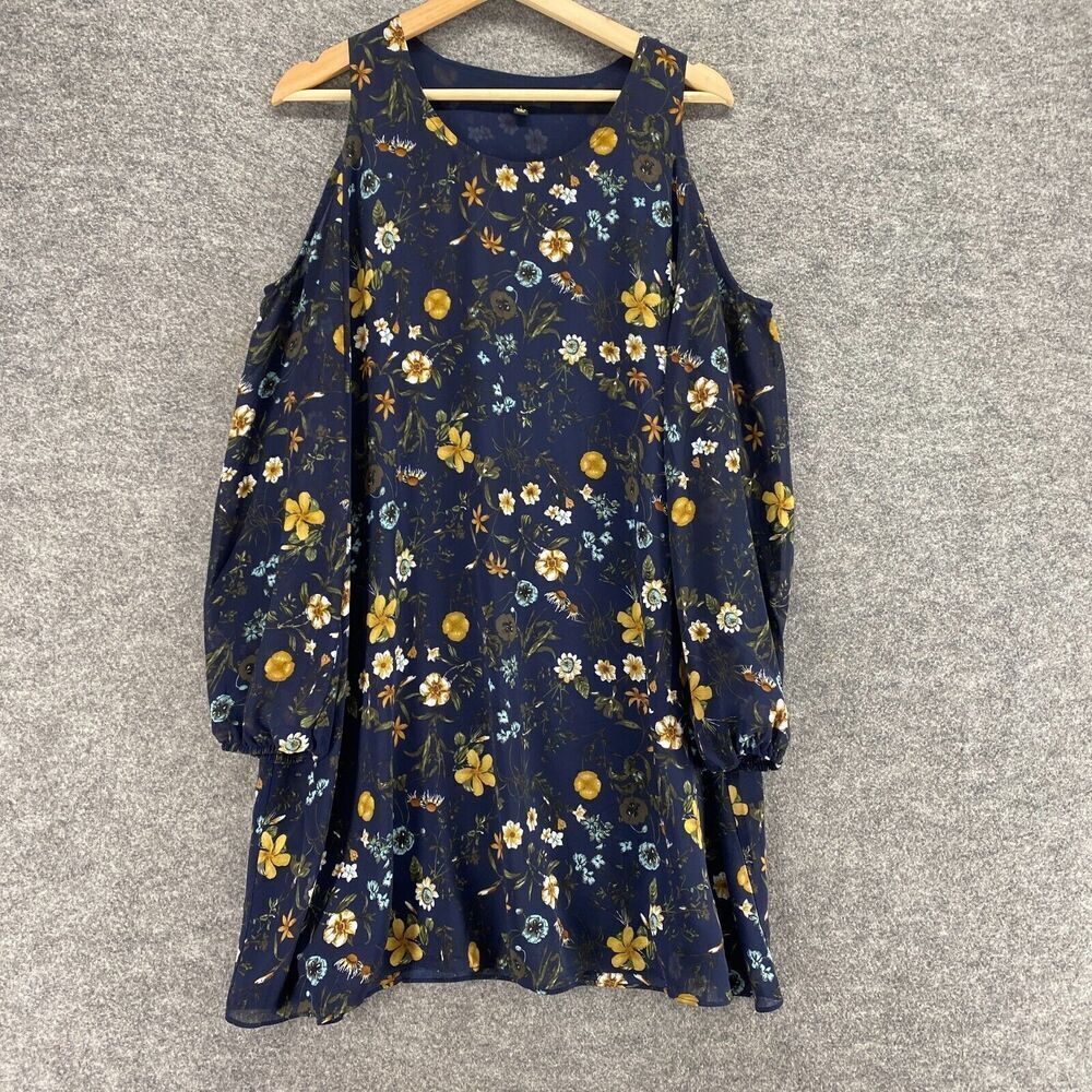 I Joah Dress Women L Large Blue Floral Shift Short Cold Shoulder Long Sleeve